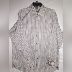 Visconti Uomo Men's Large Blue & Brown Striped Contrast Cuff Button Down Shirt